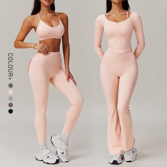 Women's bell bottom and long sleeve jacket set with lace pockets sportswear