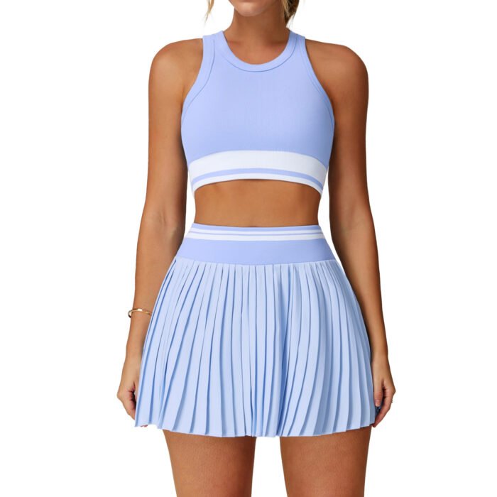 YHT Wear 2-Piece Tennis Skirt Set – Ribbed Crop Tank & Pleated Skirt | Soft Athleisure Outfit